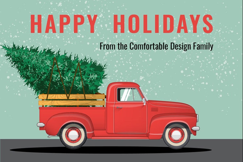 Red truck with christmas tree illustration, Happy Holidays From Our Comfortable Design Family | Lancaster, York PA