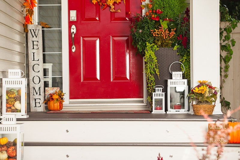 Front of a house with a red door and fall decorations, Fall HVAC Maintenance, Furnace | Comfortable Design in Wrightsville, PA
